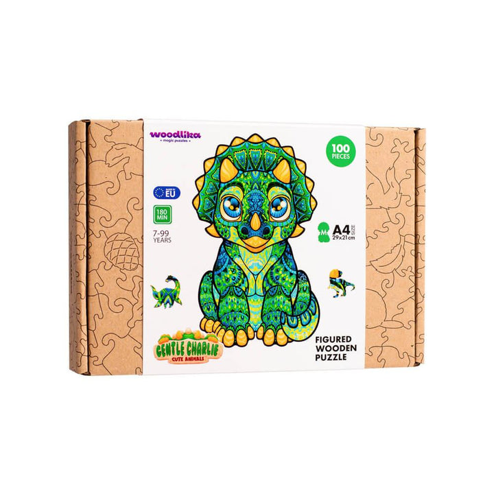 Bunte Dinosaurier Holzpuzzle Verpackung, Gentle Charlie, 100 Teile, A4, für Kinder ab 7 Jahren