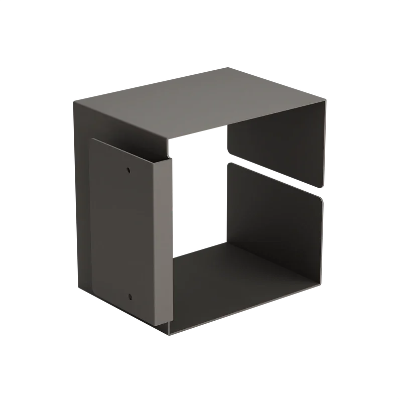 Ein moderner, minimalistischer Würfelständer aus Metall mit offenem Design, dunkelgrauer Oberfläche und klaren Linien.
