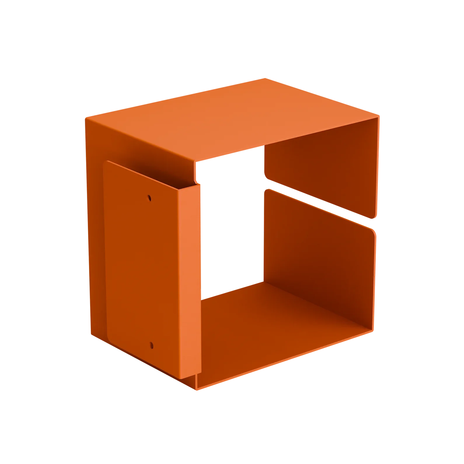 Ein moderner, orangefarbener Metallwürfel mit offener Mitte und ausgeschnittenen Seiten, der minimalistisches Design und Funktionalität betont.
