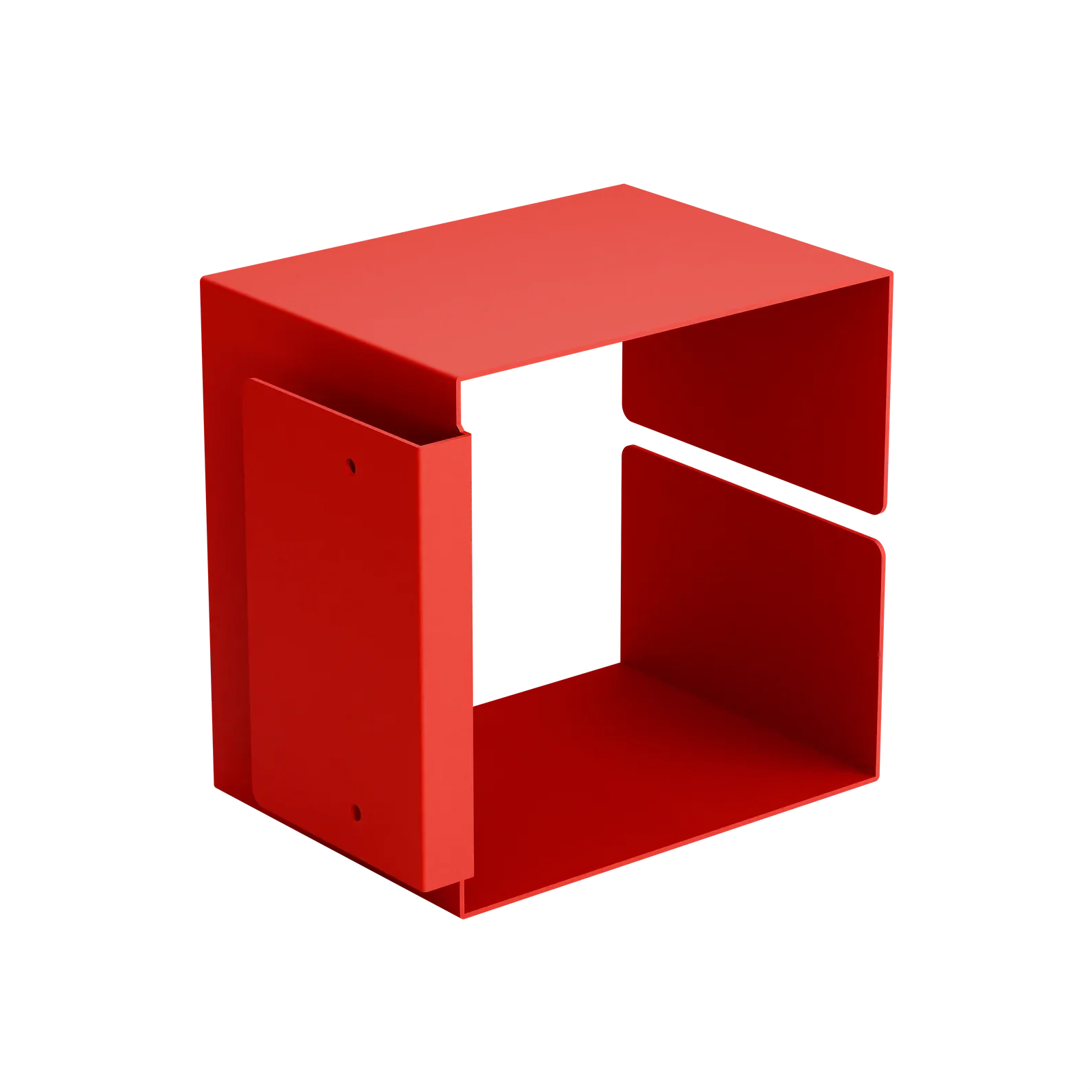 Ein moderner, minimalistischer roter Metallwürfel mit offenem Design und zwei ausgeschnittenen Seiten, ideal zur Aufbewahrung oder Dekoration.