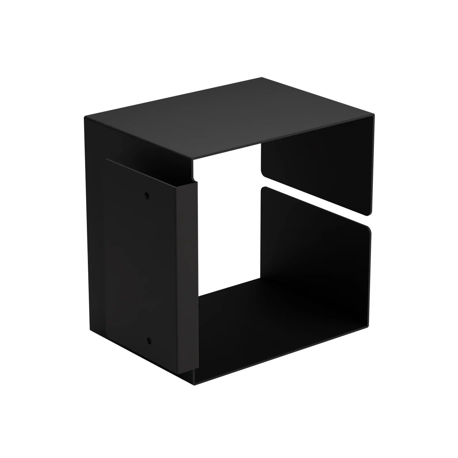 Ein minimalistisches schwarzes Metallregal mit offenem Würfeldesign, das zwei Seiten zur Aufbewahrung oder Präsentation bietet.