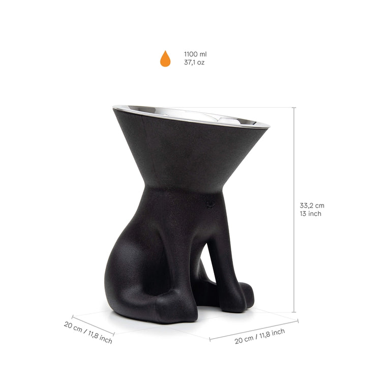 Schwarzer, hundeförmiger Napf mit Abmessungen, 33,2 cm hoch und 20 cm breit, fasst 1100 ml Flüssigkeit.