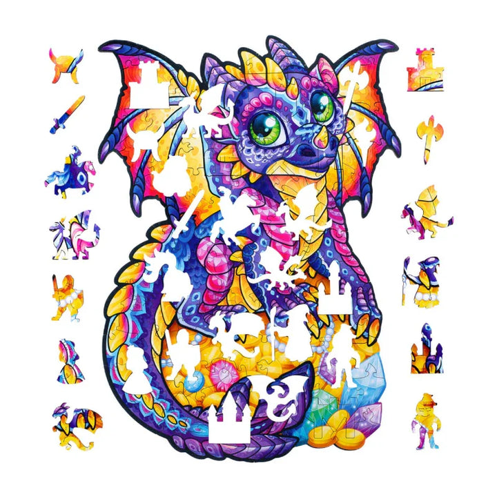 Farbenfrohes Drachenpuzzle mit einzigartigen Teilen, das leuchtende Farben und skurrile Figuren um einen fröhlichen, auf Gold sitzenden Drachen herum zeigt.