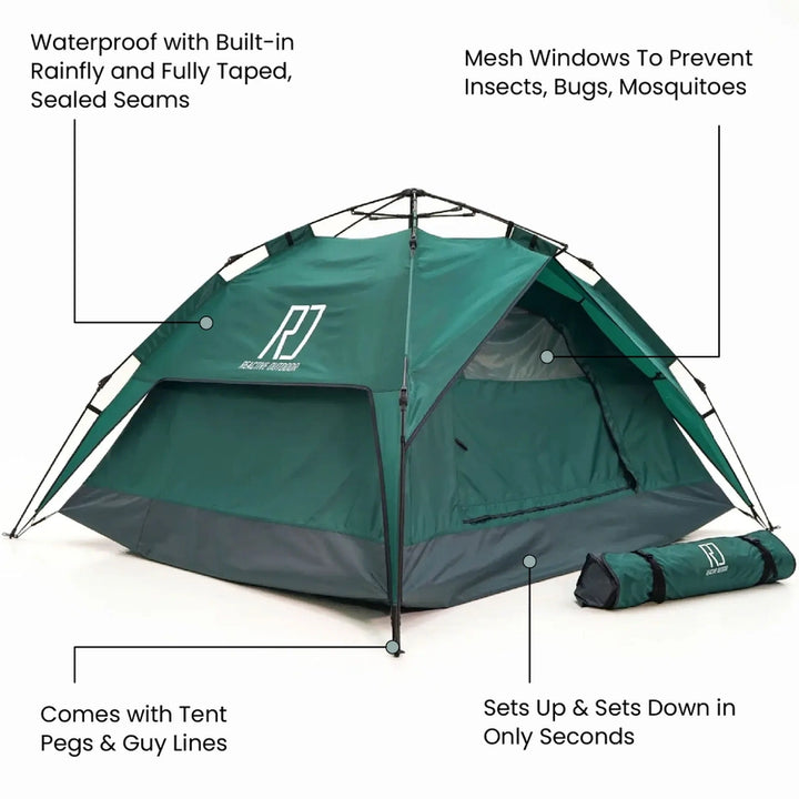 Ein grünes Zelt mit Netzfenstern, wasserdichtem Design und Schnellaufbaufunktionen, inklusive Aufbewahrungstasche und Zeltheringen.