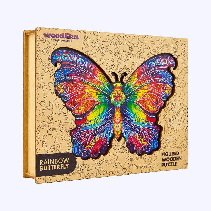 Bunte Holzpuzzlebox mit Schmetterlingsmotiv und der Aufschrift „Regenbogenschmetterling“, bestehend aus 160 Teilen, geeignet für Kinder ab 8 Jahren.